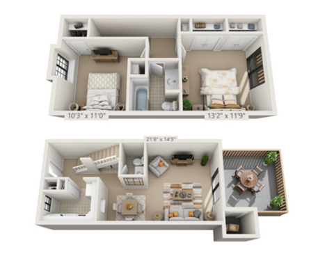 a stylized floor plan with two bedrooms and a living room